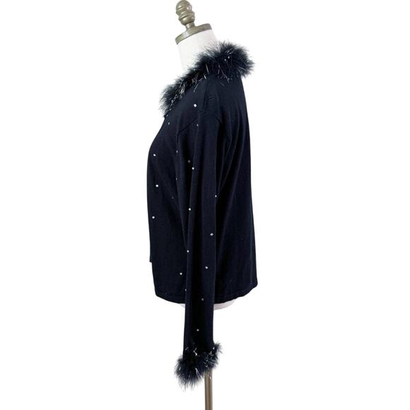 Vintage Y2K Black Cardigan w Feathers Women's Sz XL Button Up Rhinestone Accents - Picture 5 of 8